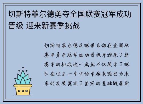 切斯特菲尔德勇夺全国联赛冠军成功晋级 迎来新赛季挑战 切斯特菲尔德勇夺全国联赛冠军成功晋级 迎来新赛季挑战